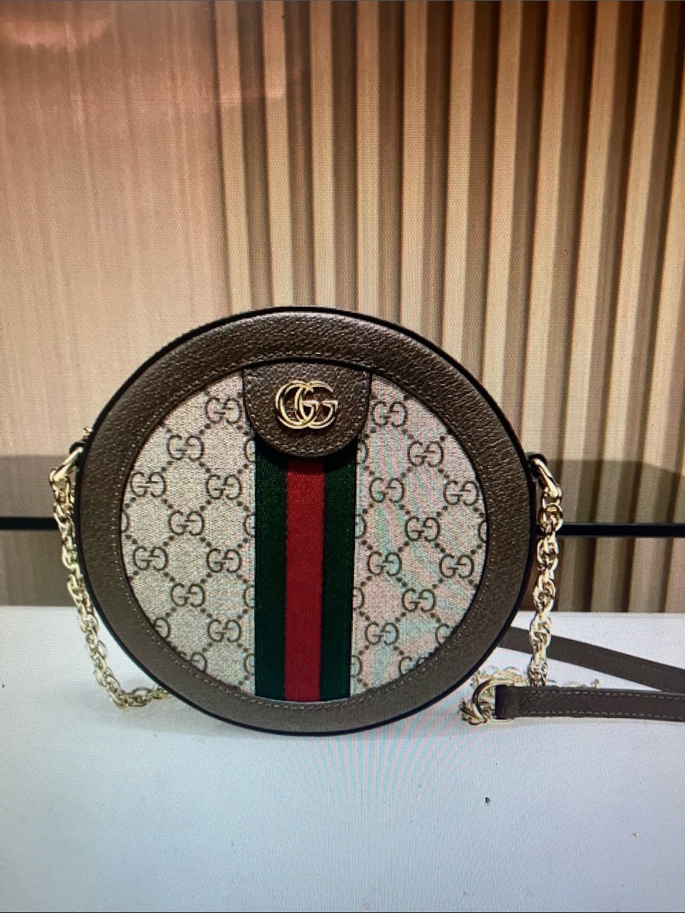 Gucci Brown GG Canvas Round Crossbody with Signature Web Stripe
